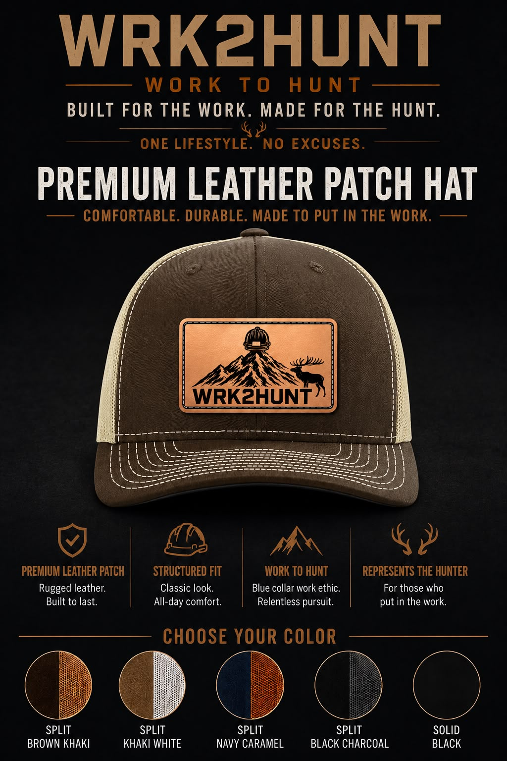 WRK2HUNT leather patch hat lineup